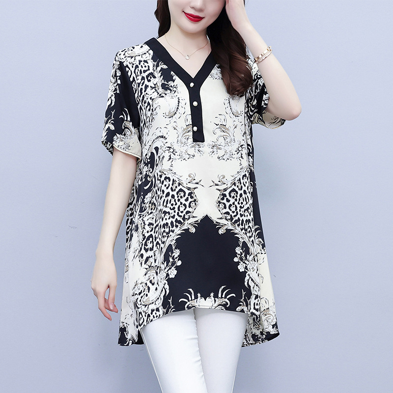 Picture of Plus Size Women's Clothing 2025 Summer New Style Ink Print Mid-Length Fashionable Belly-Covering Slimming Casual Simple Top for Women