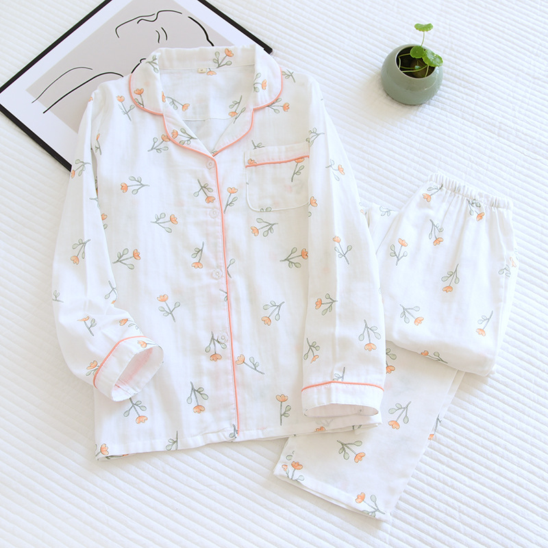 Women's Gauze Cotton Yarn Pure Cotton Printing Spring Summer Autumn Long Sleeve Trousers Pajamas Home Clothes suit Loose plus size
