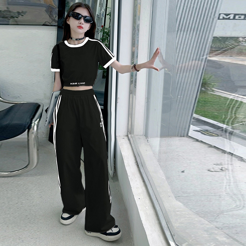 Picture of Girls' suit Summer 2025 New Children's Navel-exposed T-shirt Wide-leg Pants Casual Sportswear Two-piece Set