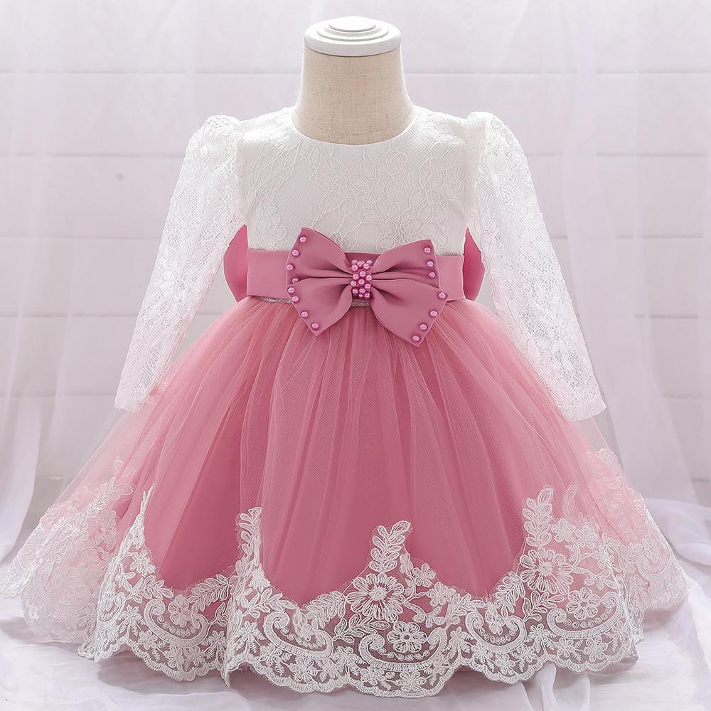 Picture of Amazon one-year-old dress long sleeve lace stitching wash dress bow beaded girl dress
