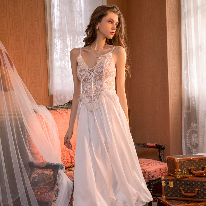 3015 sexy pajamas lace see-through nightdress light luxury satin home wear high-grade strap dress one-piece delivery