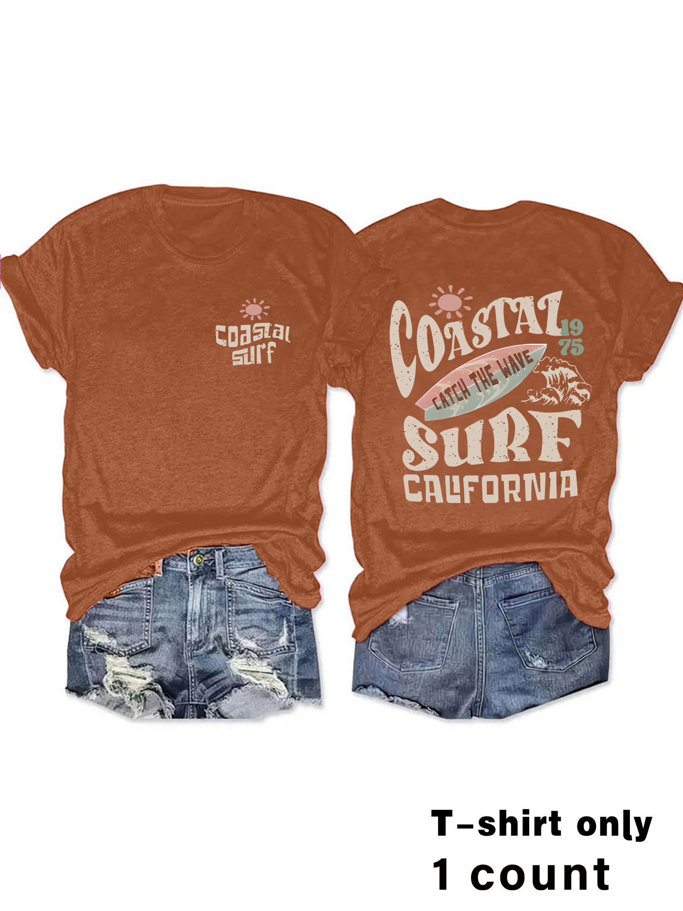 Picture of European and American Round Neck Vintage Coastal Surf Californiamatc Top Women's T-Shirt Loose Short Sleeves