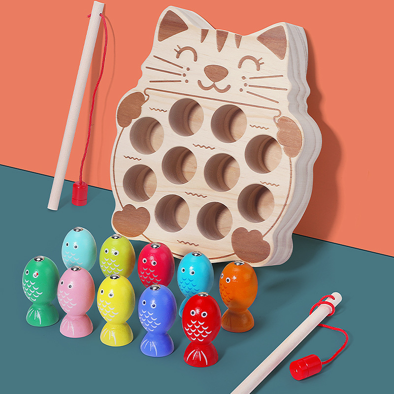 Picture of cpc children's educational toys magnetic kitten fishing games concentration training wooden fishing magnetic toys