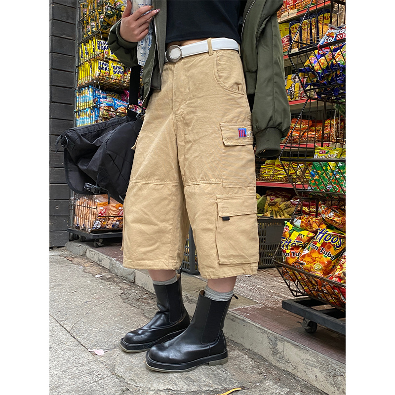 American Embroidered Multi-Pocket Shorts Loose Casual Cropped Pants for Men and Women Fashion Brand Summer Workwear Wide-Leg Pants