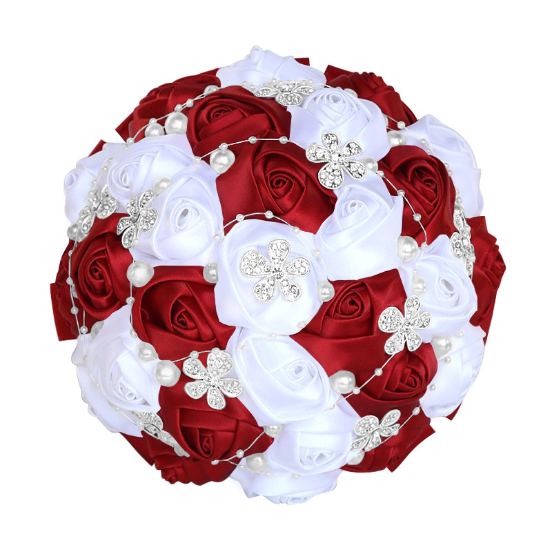 Picture of European and American Super Beautiful Ribbon Flower Wedding Supplies Bride's Hand-held Flower Five-flower Beaded Hand-held Flower Wedding Supplies Hand-held Flower