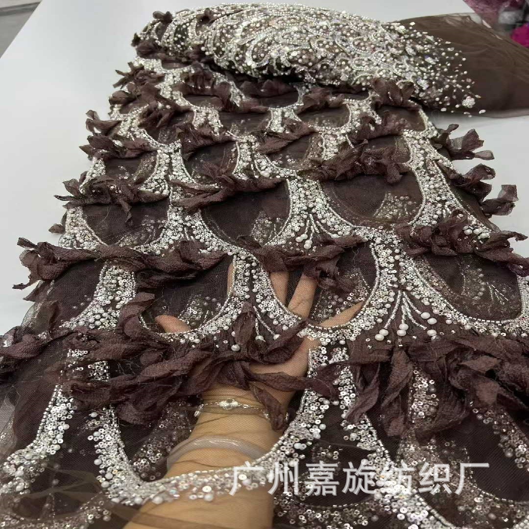 In-stock high-end European and American style wedding dress fabric, curved beaded tube tassel party dress, stage dress, embroidered fabric beaded