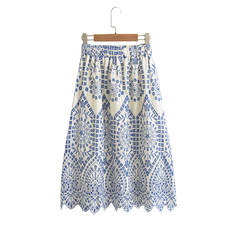 2025 Export Cross-Border Wholesale European and American Clothing Elastic Waist Fully Embroidered Skirt 23043