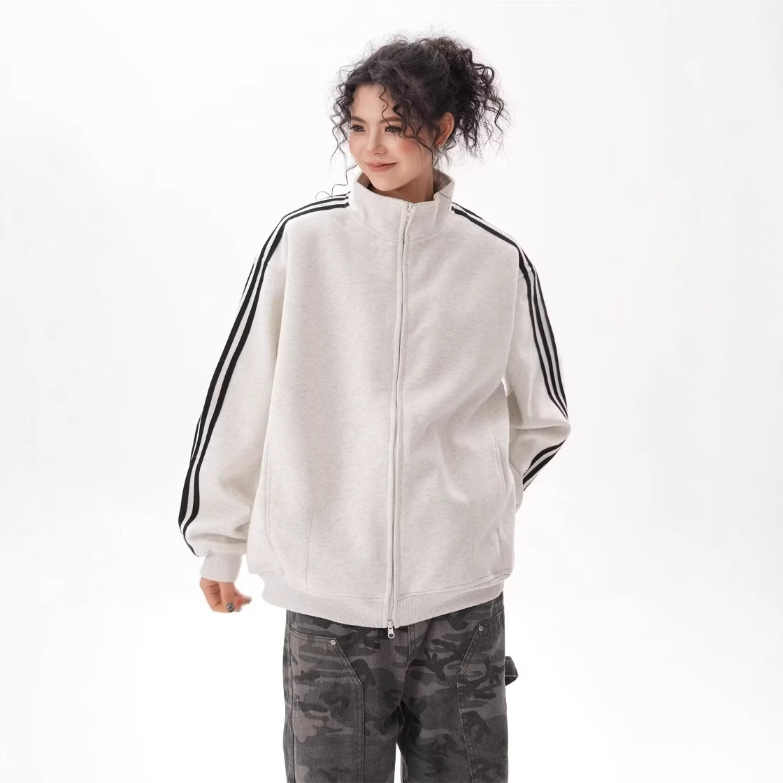 Picture of American-style Sports Casual Striped Zipper Sweatshirt Coat Women's Spring and Autumn Korean-style Baseball Suit Cool and Sruff Top Trendy