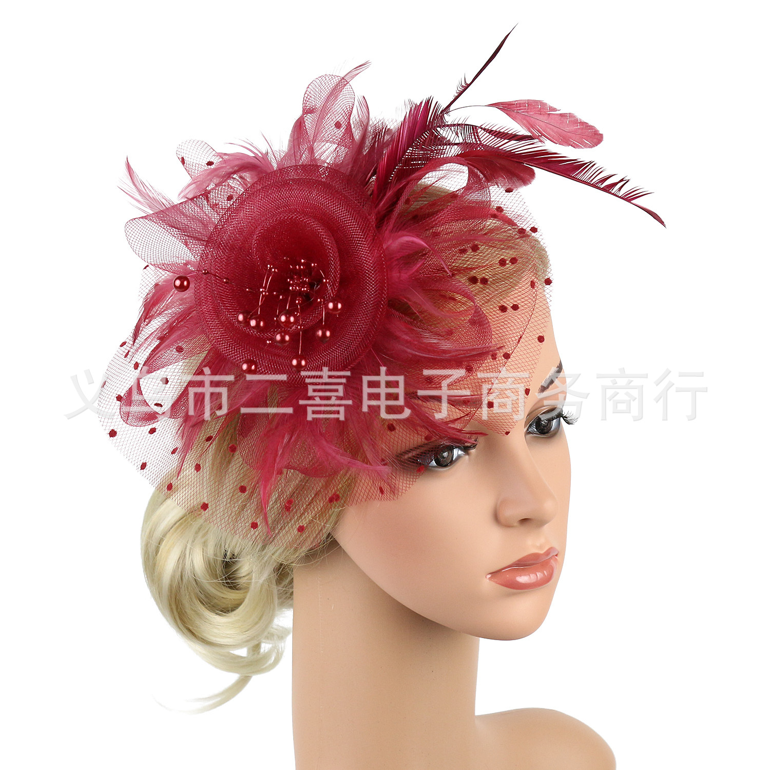 Picture of European and American Popular Amazon Feather Headdress Bridal Hair Accessories Mesh Top Hat Jockey Club Hair Accessories Hairpin Headband