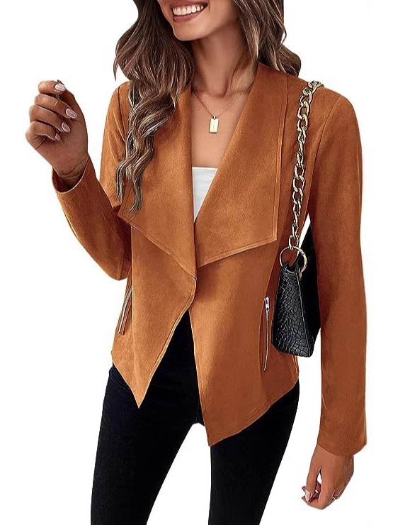 in stock Amazon 2024 autumn and winter new European and American fashion casual suede short suit zipper pocket coat