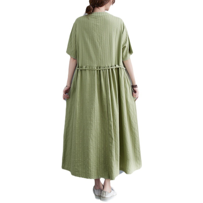 Summer 2024 New Artist Style Lixiel Short-sleeved Cotton-linen Dress Women's Vertical Stripe Drawstring Slimming Solid Color Mid-length Dress