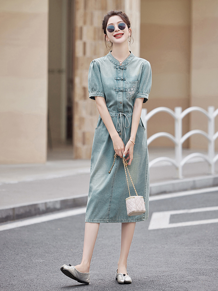 Summer New Fashion New Chinese Retro Color Buckle Embroidered Drawstring Women's Denim dress YQ615