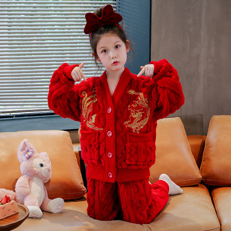 Picture of Children's Pajamas Flannel Autumn and Winter Girls' Coral Fleece Thickened Warm Style Middle and Large Children's Girls' Home Clothes suit