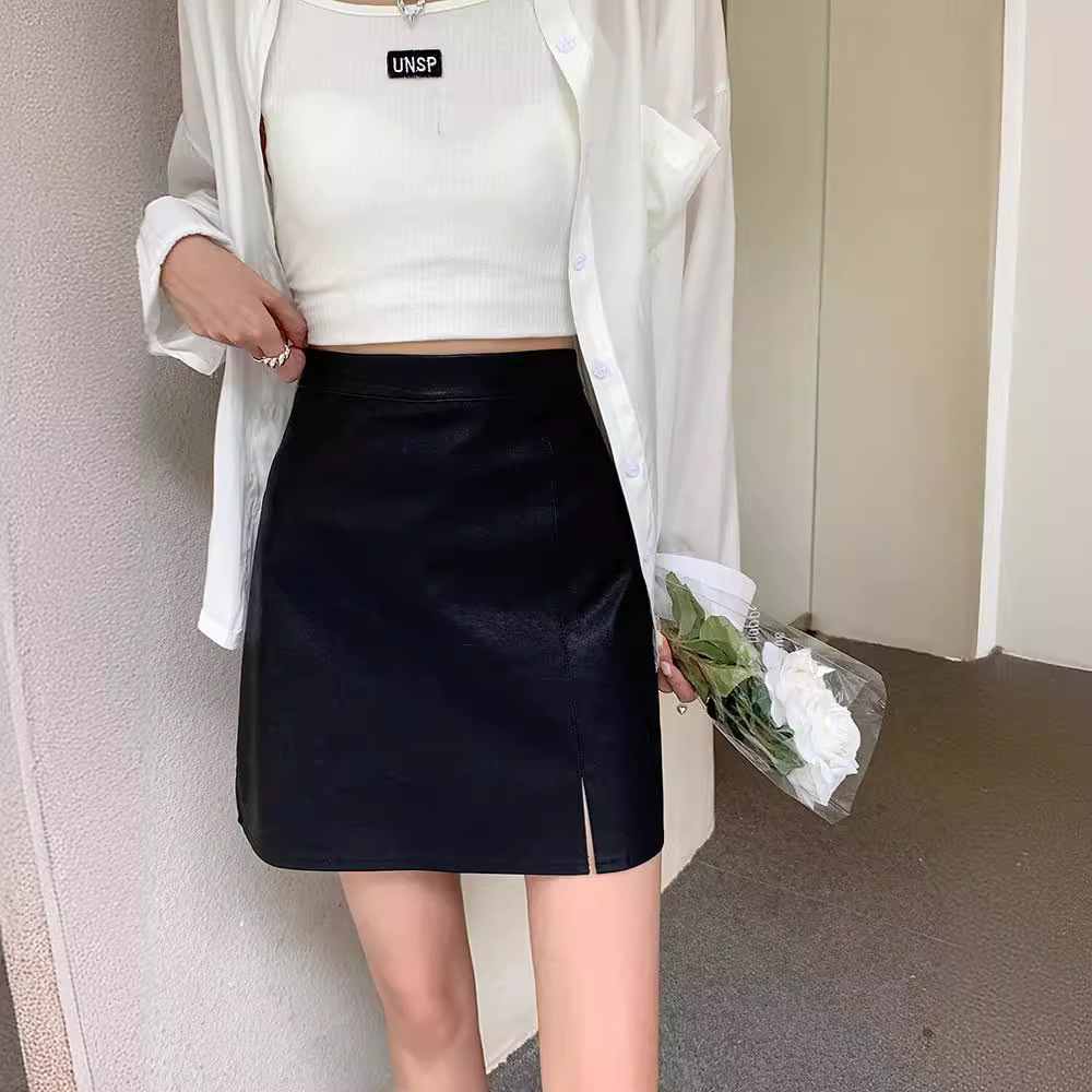 High Waist Leather Skirt Split Skirt Women's plus size Chubby Girl Pu Short Girl Skirt Slim Belly Covering A- Line Hip Skirt Black