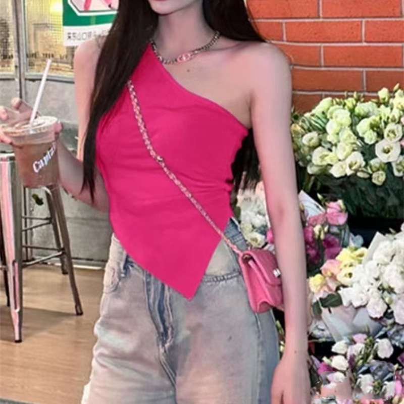 Elegant Design Sense Slant Shoulder Knitted Camisole Vest Women's New Slim-fit Hot Girl Summer Inner and Outer Wear Top