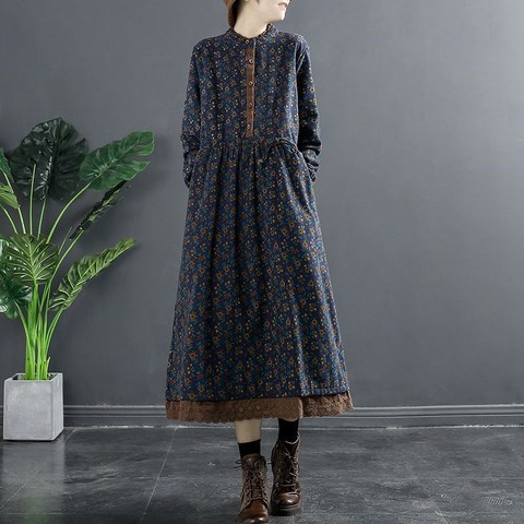 Spring New 2024 vintage printed lace-up waist lace small floral bottoming plus size women's long sleeve dress