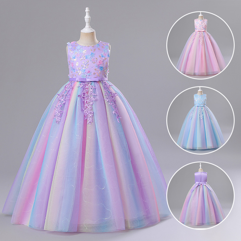 Children's clothing wholesale children's dress Princess dress girls mesh performance clothes one year old flower girl color dress factory