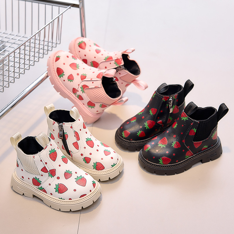 Autumn and Winter New Kidsren's Single Boots, Boys' Boots, Girls' Colorful Fashion Short Boots, Side Zipper Soft Sole Cross-Border Leather Boots