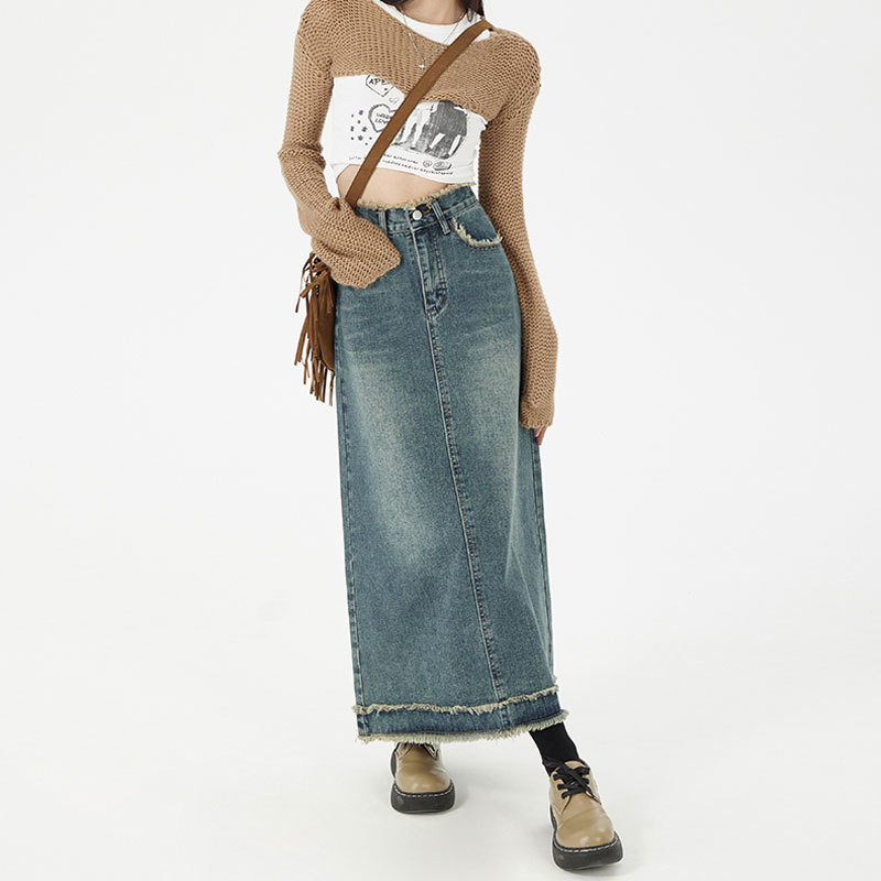 Picture of Denim Skirt Women's Internet Popular A- Line Design Sense Rust Skirt Ins High Waist Casual Hip Retro Straight Midi Skirt