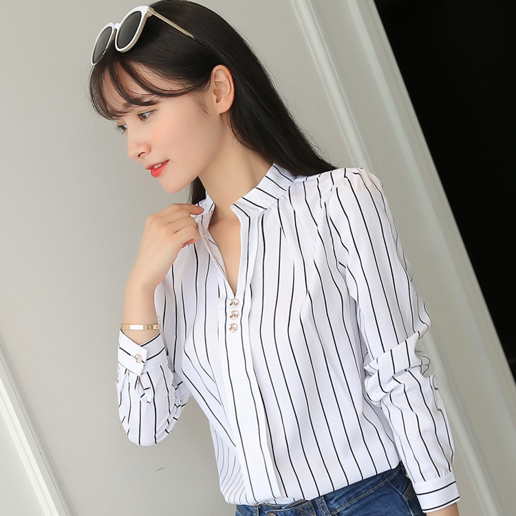 Picture of 2024 Spring and Autumn New Elegant Casual Striped Long-sleeved Shirt Loose White Collar Top Women's Pullover
