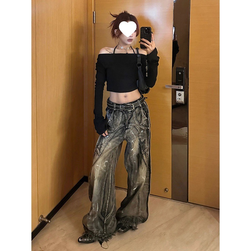 American High Street Design Heavy-Duty Tie-Dye Graffiti Jeans for Men and Women Summer Retro Distressed Wide-Leg Floor-Length Pants