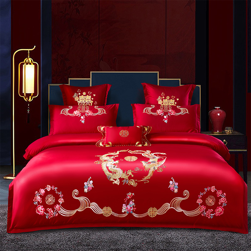 Picture of Wedding Four-Piece Set Embroidered Wedding Pure Cotton Bright Red Wedding Room Embroidered Bedding Quilt Bedding