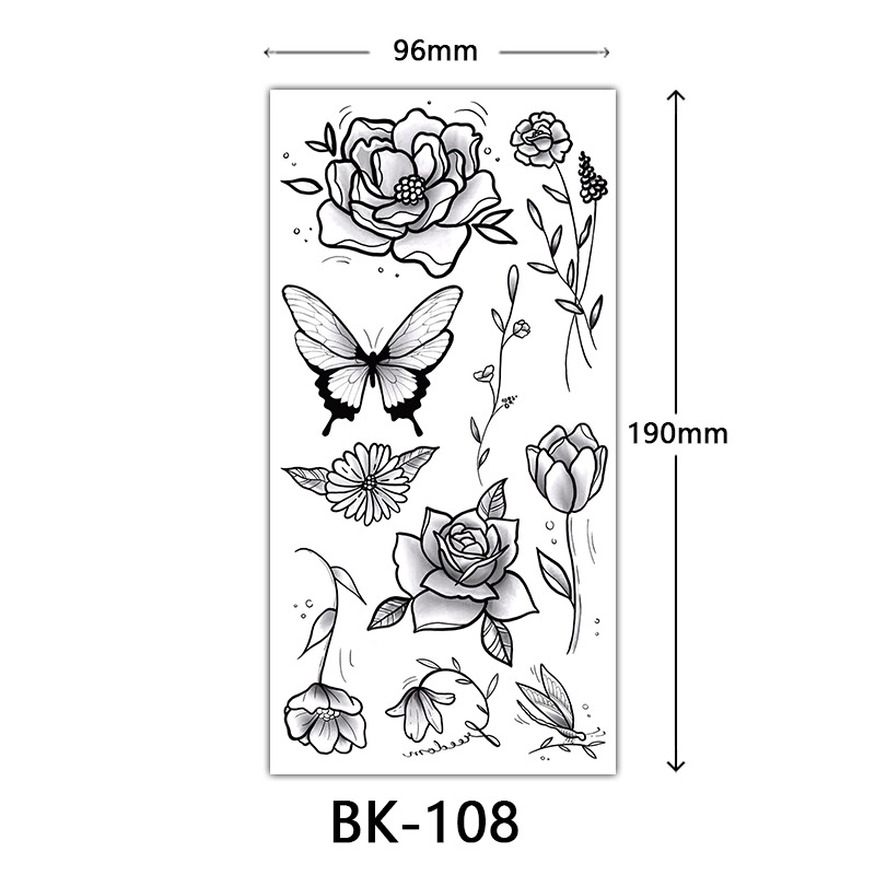 Picture of Cross-Border Supply of Sketch Flower Tattoo Stickers, Sketch Tattoo Stickers, Rose Flower Black and White Flower Tattoo