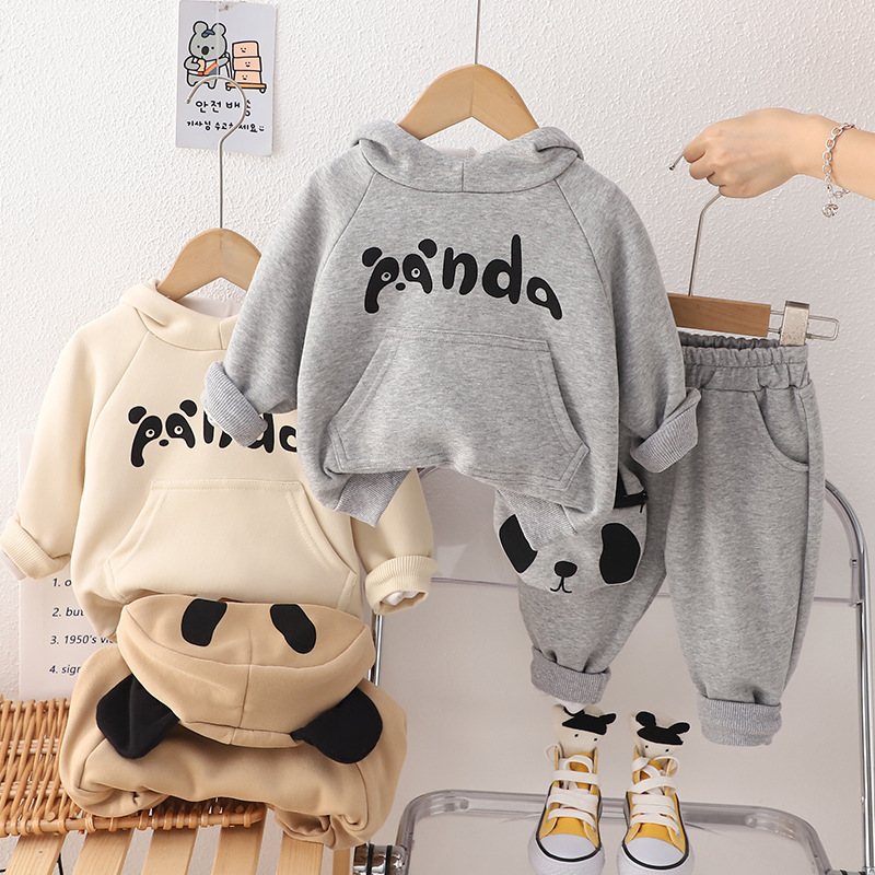 Foreign Trade Boys' Spring and Autumn Suit Korean Style Men's Autumn Suit Fried Street Fashion Hooded Panda Sweater Long Sleeve Two-Piece Suit