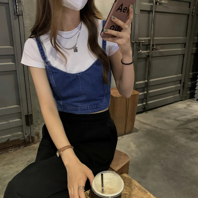 Designed Strappy Sexy Short Top Hot Girl Summer Outer Wear Slim Korean Style Layered Denim Camisole for Women