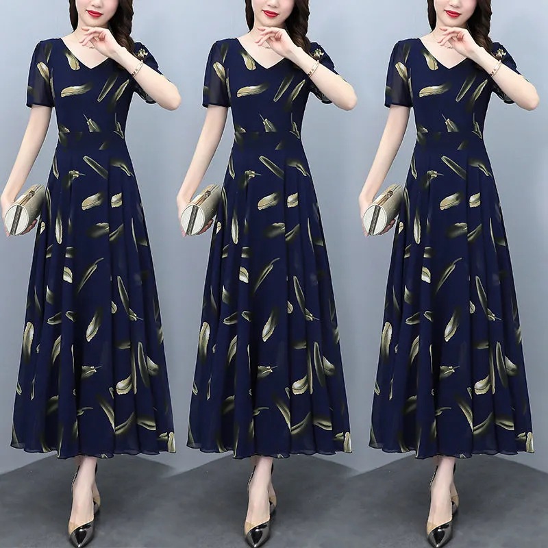 2025 New Summer Chiffon Floral Dress Plus Size Women's Fat Sister Waist Slimming Look Belly-Covering Long Skirt