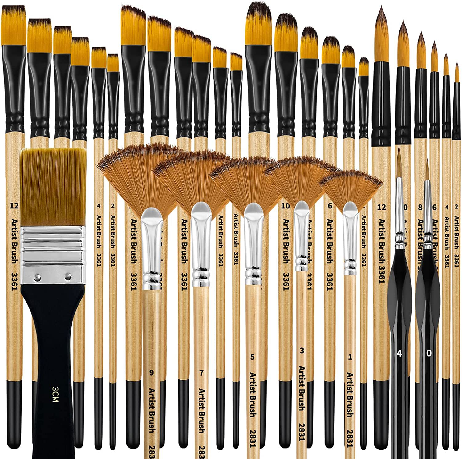 32 PCs Paint Brush Set Artist Series Nylon Bristles with Round Square Flat Fan Brush Brush Set