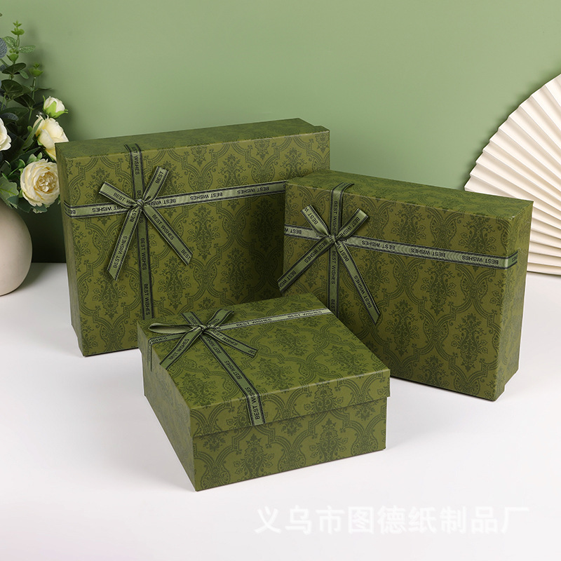 Green Bow Retro Pattern Gift Box Large Lid and Bottom Christmas Gift Box Thermos Cup Packaging Box