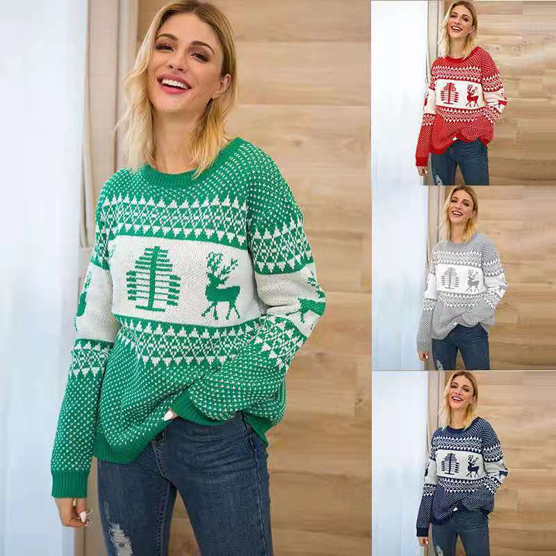 Amazon Jacquard Casual Pullover Christmas Sweater Women's Lazy Autumn and Winter European and American Women's Knitted Sweater