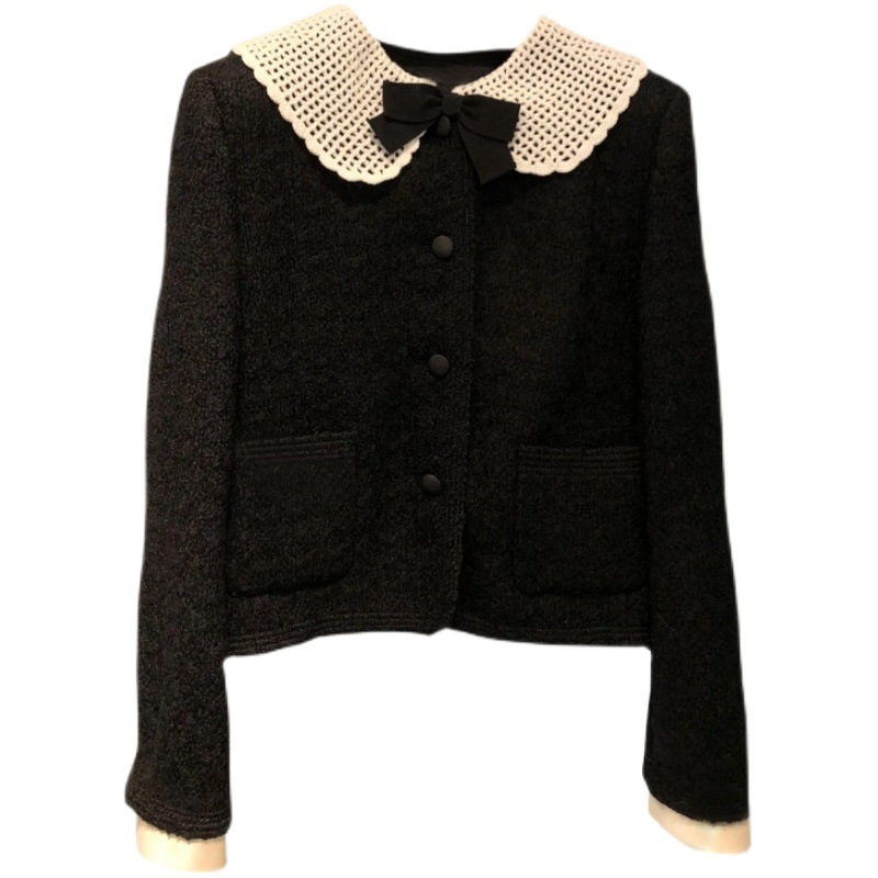 Miu Style Black Short Coat with Crochet Doll Collar, Tweed Cardigan Women's Suit, Petite Top, New Winter Style