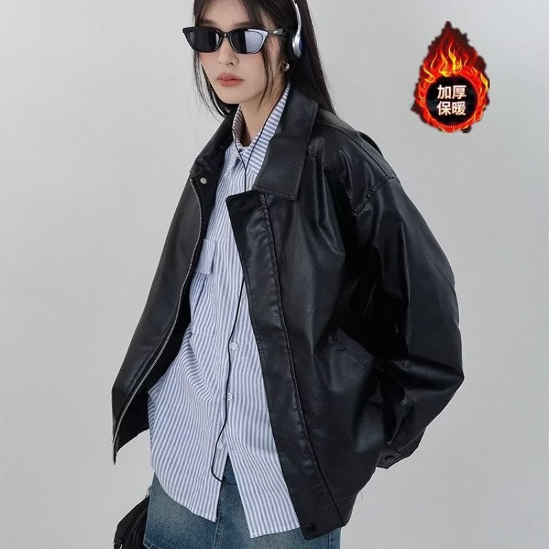 Picture of Cross-Border Hong Kong Style Brown Leather Jacket for Women 2023 New Autum American Retro Street Sweet and Cool Motorcycle Pu Wallet