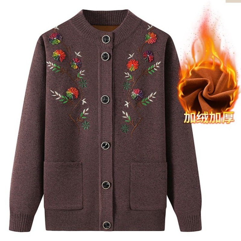 Picture of Knitted sweater plus velvet coat women's clothing for the elderly embroidered cardigan mother autumn warm sweater old lady clothing