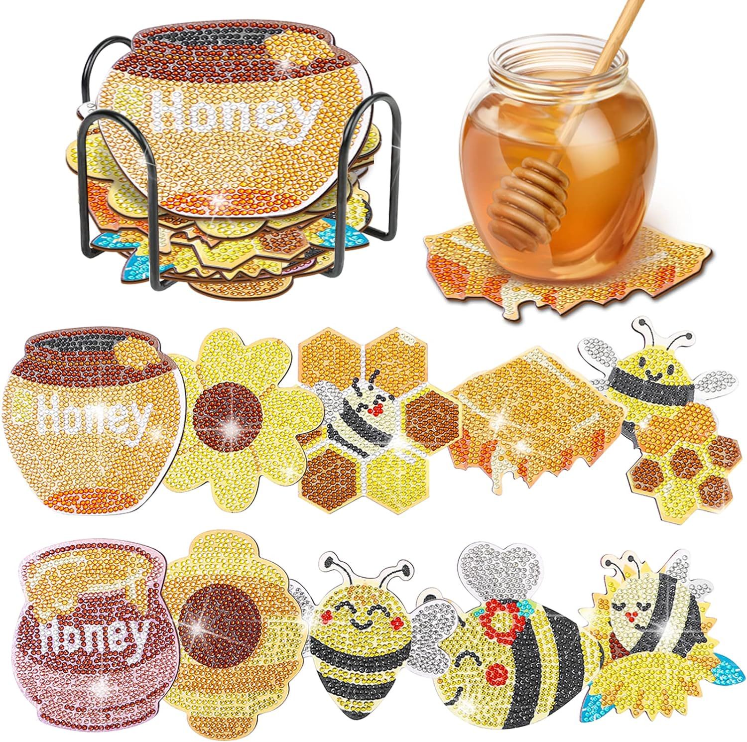 Amazon Best Selling 5D Handmade DIY Wooden Dot Drill Insulated Anti-Slip Diamond Painting Diverse Bee Coasters with Stand