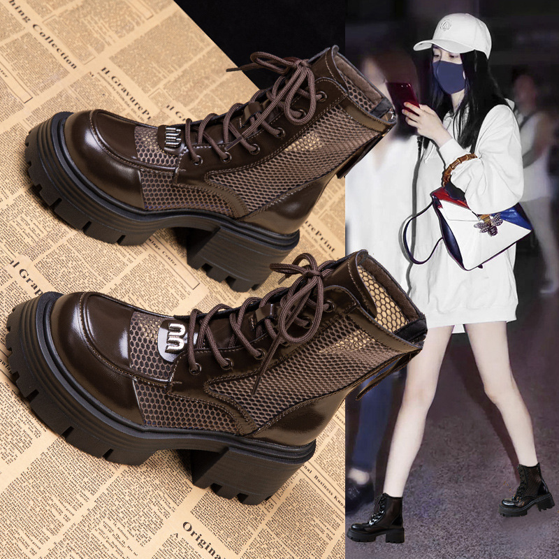 Genuine Leather Mesh Boots for Women Thick Soles 2025 New Summer Cut Out Breathable Mesh Boots for Women Heightening Boots Short Boots