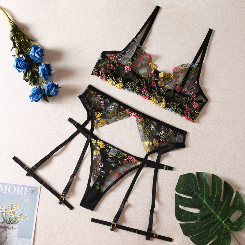 Picture of New ins Internet Celebrity Summer Small Floral Bra Panties Garter Belt Sexy Underwear Three-piece Set Foreign Trade Supply