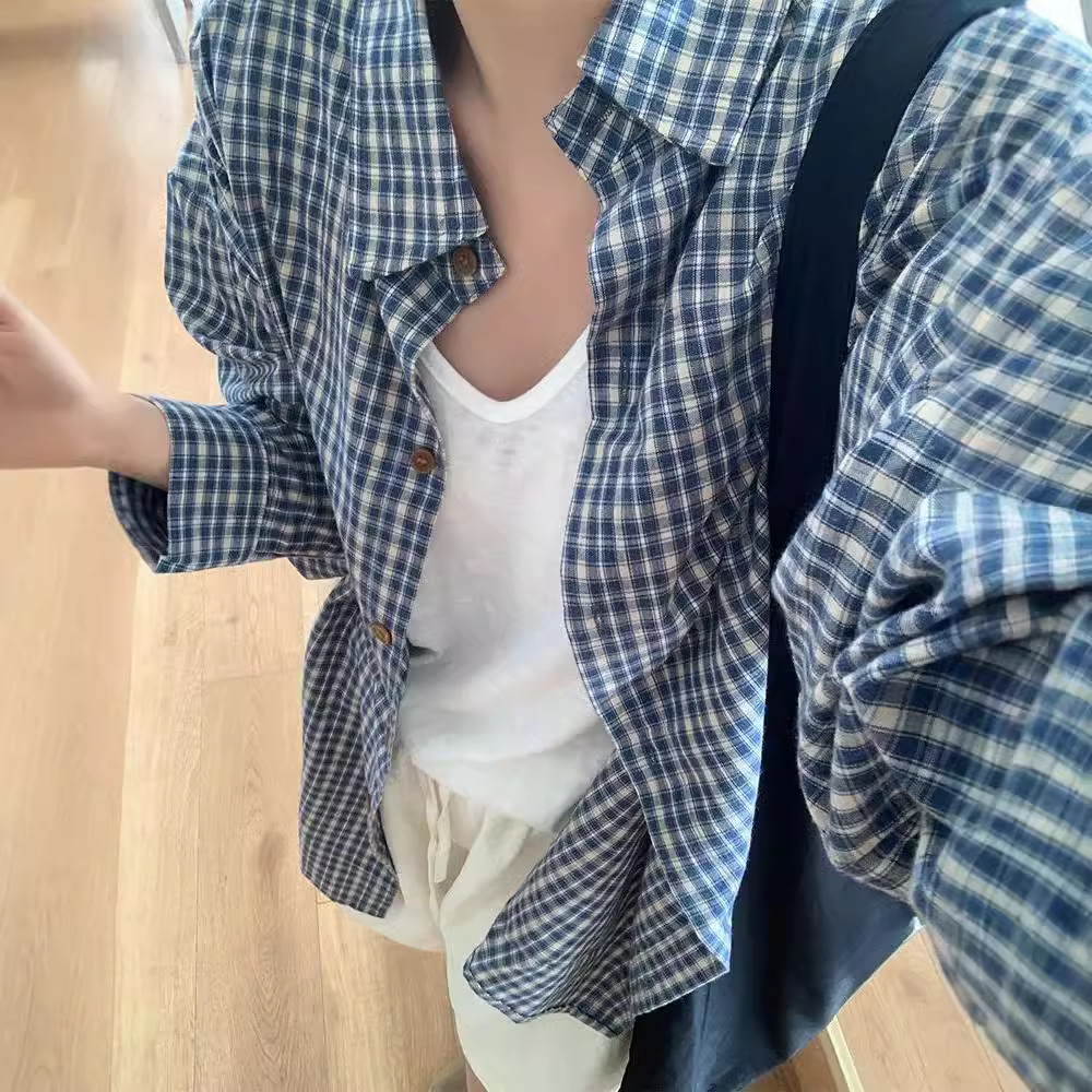Korean Blue White Plaid Shirt Jacket Women's Autum Lazy Style Shirt Loose Casual Outer Cardigan Top