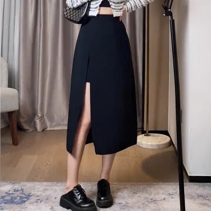 Black Skirt Women's Summer Thin 2024 New High Waist Slimming A- line Split Elegant Casual Long Skirt