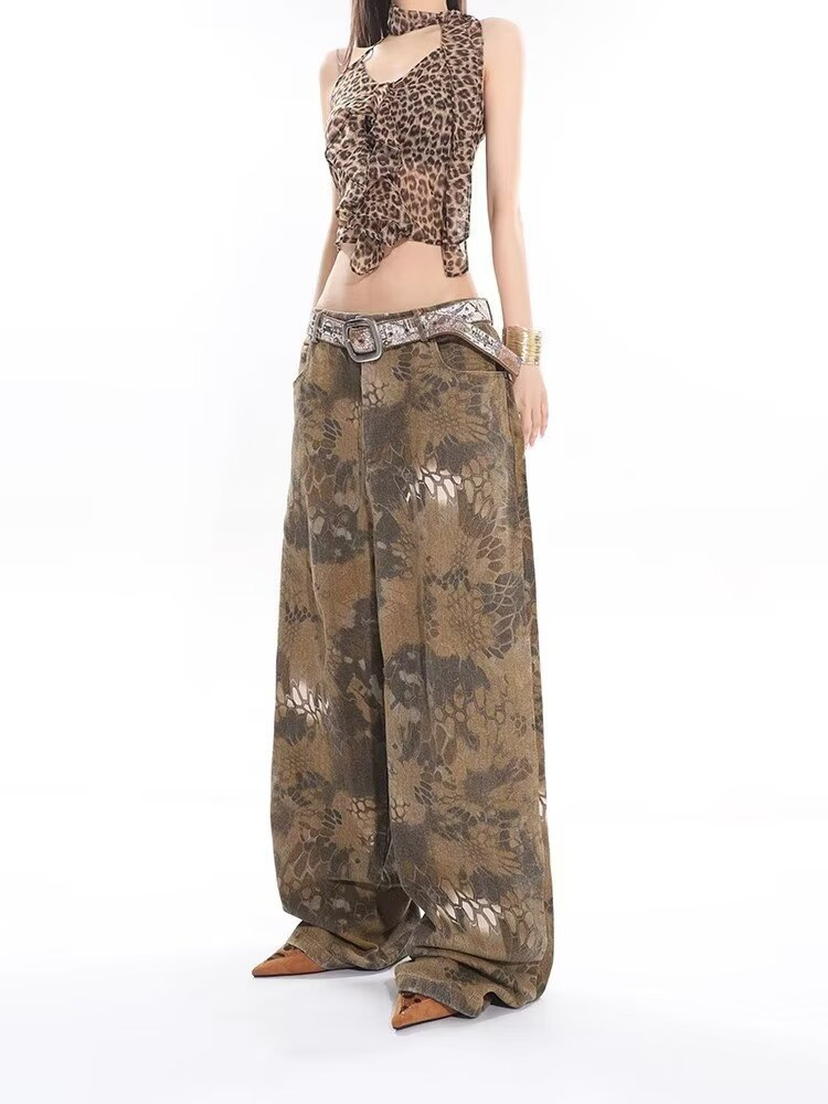 Cross-border European Goods Waste Soil Vintage Washed Old Camouflage Jeans Mopping Pants Women's Summer New Loose Wide-leg Pants