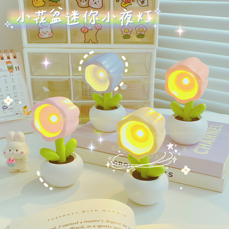 New small flower pot mini night light cute decoration desktop cute ins table lamp girl Heart Children gift