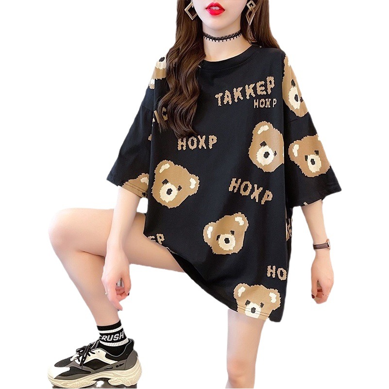 Mid-length plus size short-sleeved T-shirt women's fashion summer loose bottoming cartoon South Korea women's supply foreign trade Wholesale