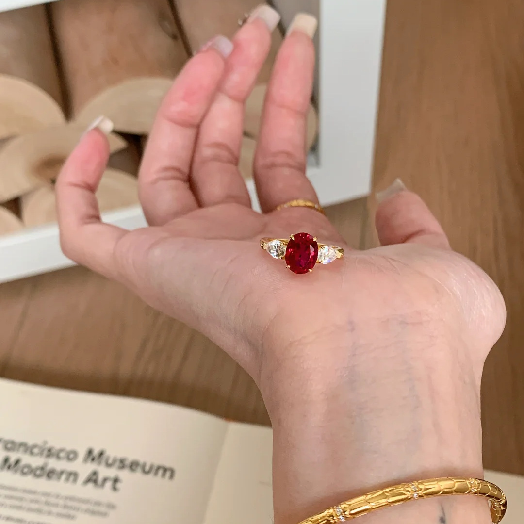 French Vintage Classic Pseudo Ruby Pigeon Egg Ring New Year Chinese Red Gold Plated Diamond Ring Wedding Ring for Women