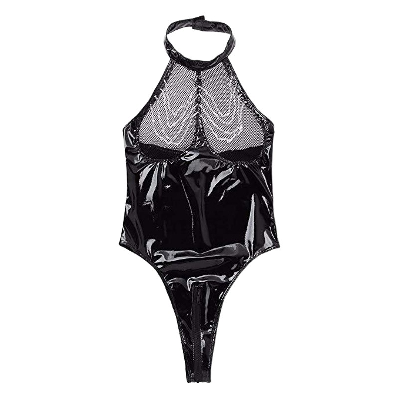 Cross into the product Europe and the United States foreign trade sexy underwear sexy black patent leather conjoined hollow with metal chain manufacturers wholesale