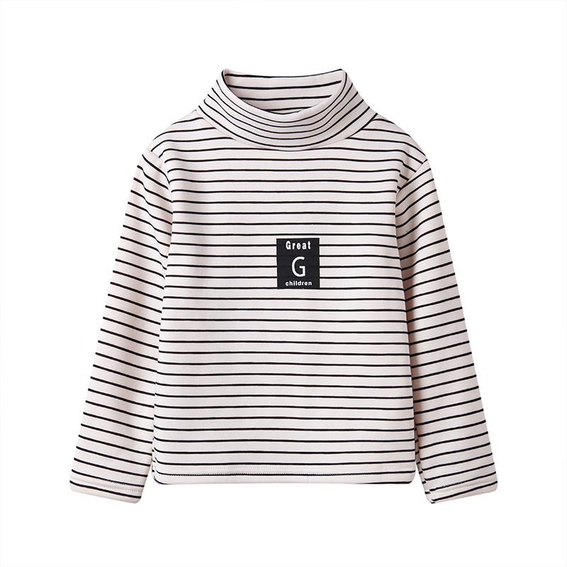 Picture of Children's Striped Fleece-Lined Thickened Base Shirt Turtleneck Top Middle Collar Single-Piece Half-High Collar Long-Sleeved T-Shirt for Boys and Girls