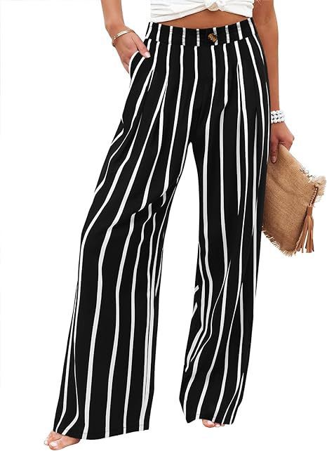 Picture of 2025 Cross-Border Amazon European and American Summer Plaid High Waist Trousers Button Elastic Waist Wide Leg Pants Women's Casual Straight-Leg Pants