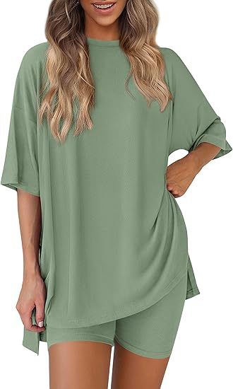 Picture of Cross-border foreign trade Amazon 2025 new women's casual round neck split loose shorts short sleeve home clothes suit