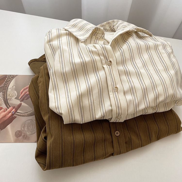 Retro Corduroy Vertical Striped Lapel Shirt for Women 2024 Autumn Loose Versatile Casual Shirt Jacket Top for Women